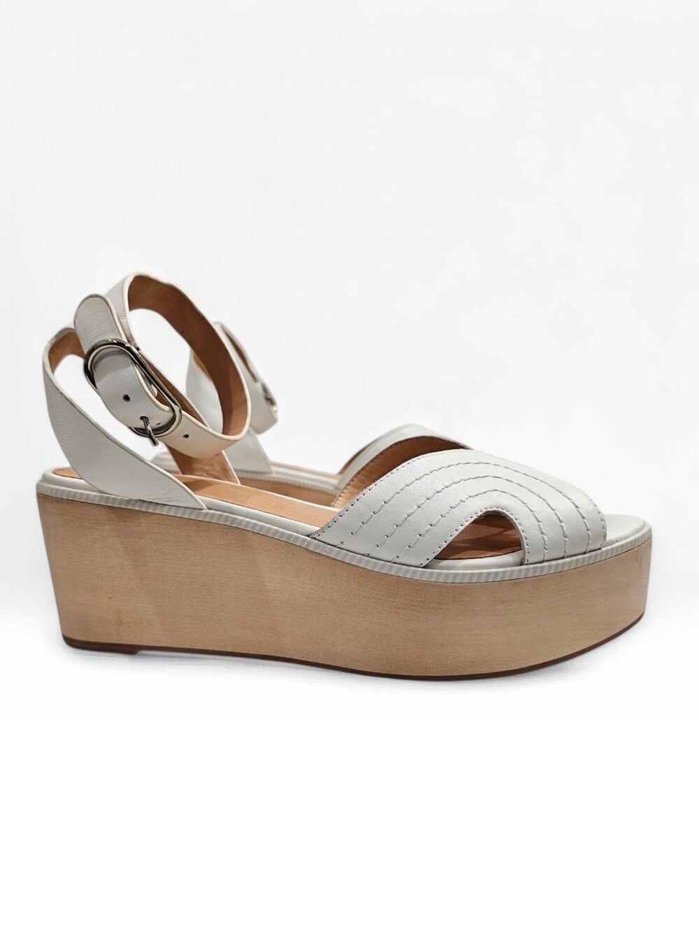 JOIE Gabourey White Leather Platform Wooden Wedge Ankle Strap Sandals 37/7